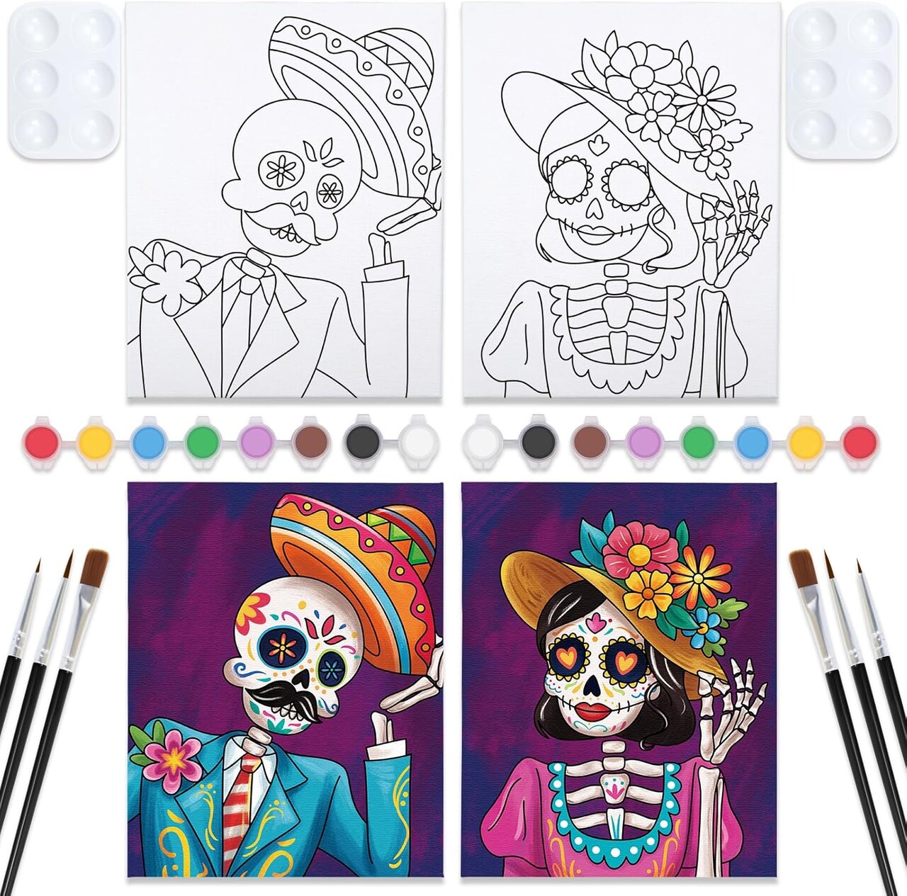 2 Pack Sip and Paint Kit for Adults Pre Drawn Canvas(Skeleton)